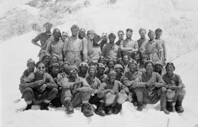 The successful 1953 expedition -- my father, tanned and dark haired with beard, is in the middle of the front standing row.