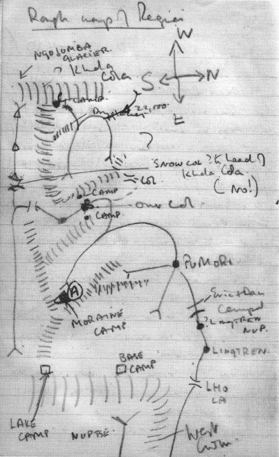A page from my father's 1951 Everest Reconnaissance diary, depicting the approach to the Western Cwm.
