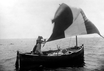 Napoleon on boat with flag