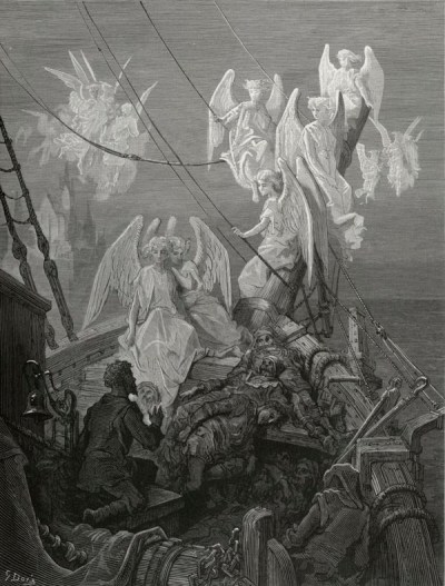 Each corse lay flat, lifeless and flat, And, by the holy rood! A man all light, a seraph-man, On every corse there stood.