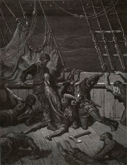One after one, by the star-dogged Moon, Too quick for groan or sigh, Each turned his face with a ghastly pang, And cursed me with his eye. Four times fifty living men, (And I heard nor sigh nor groan) With heavy thump, a lifeless lump, They dropped down one by one.
