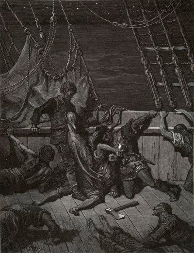 One after one, by the star-dogged Moon, Too quick for groan or sigh, Each turned his face with a ghastly pang, And cursed me with his eye. Four times fifty living men, (And I heard nor sigh nor groan) With heavy thump, a lifeless lump, They dropped down one by one.